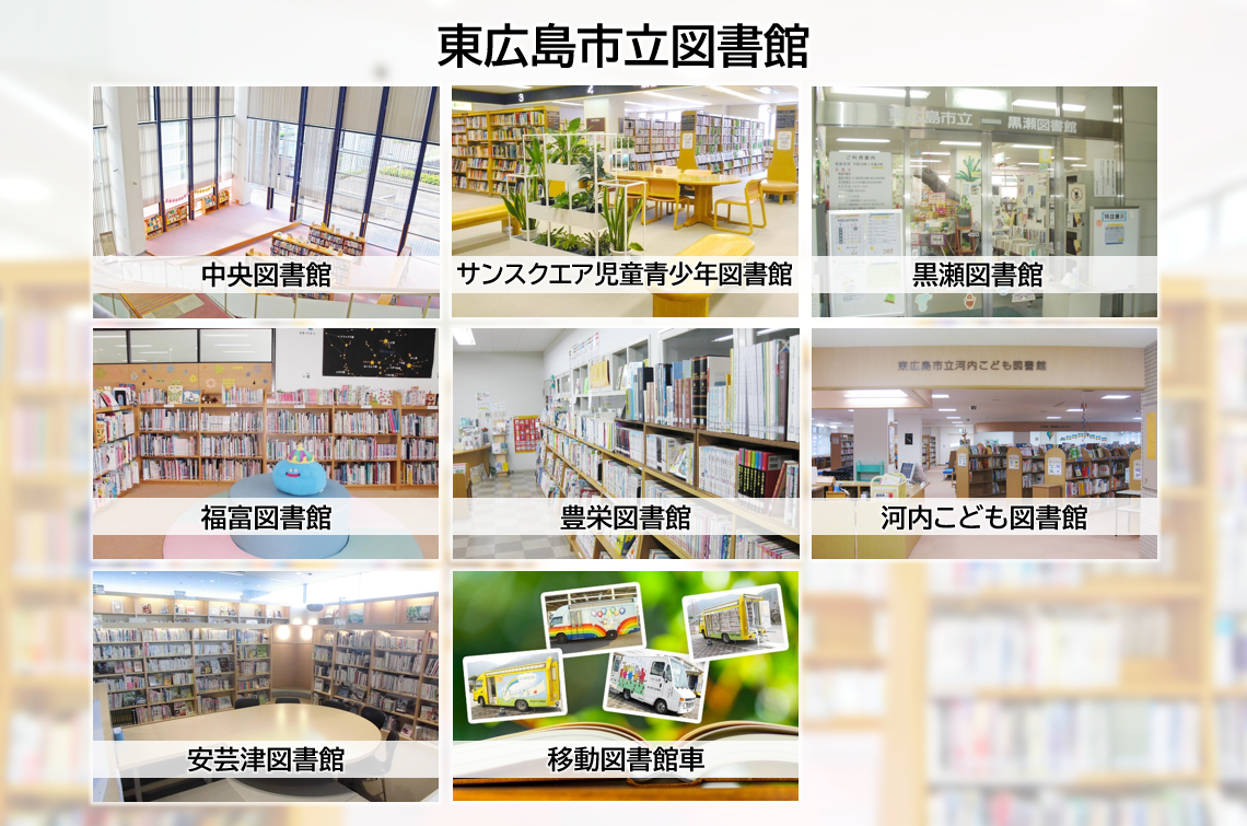 東広島市立図書館、全7館の館内の様子と、移動図書館車の画像が並んでいる。